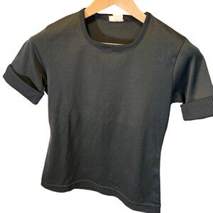 Vintage 90s Black Double Knit Round Neck Short Cuffed Sleeve Shirt Sz M